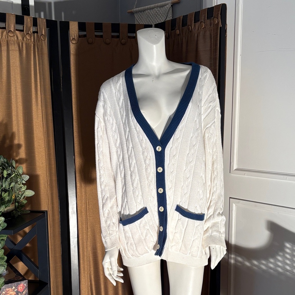 Elegant White Cardigan with Navy Trim